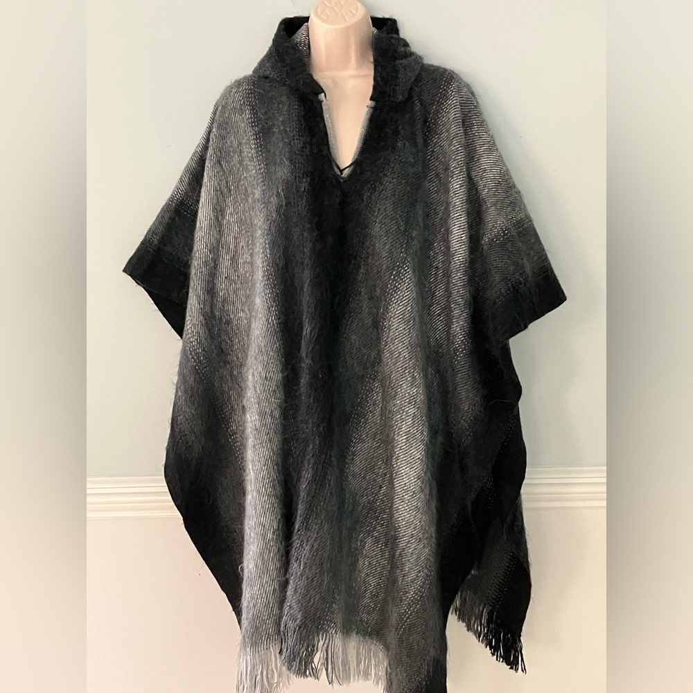 Gamboa black gray striped Alpaca poncho hooded minimalist lagenlook stylish OS